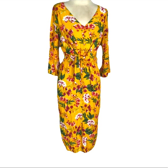 Lulus Yellow April Golden floral print front tie Dress - Picture 5 of 9